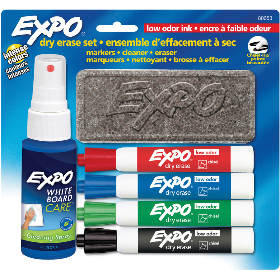 EXPO Dry Erase Set, Includes 4 dry erase chisel markers, 1 brush, 1 Expo® 2 oz cleaner