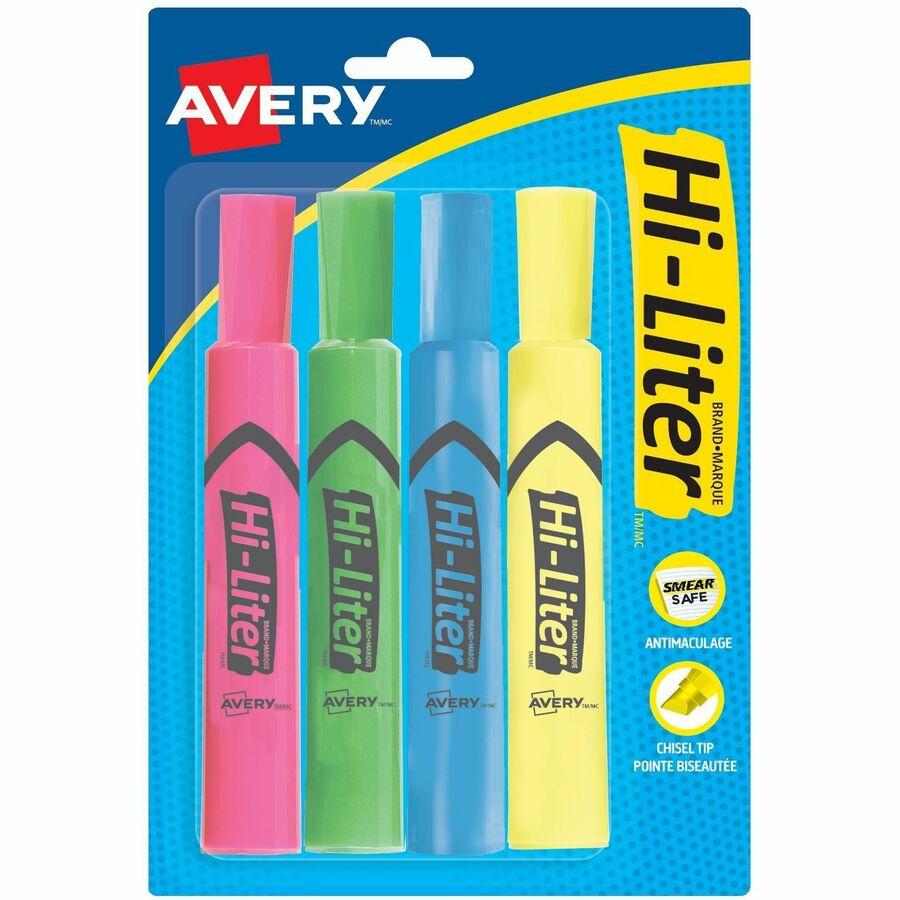 Highlighters, Chisel Tip (Pkg 4, pink, green, yellow, blue)