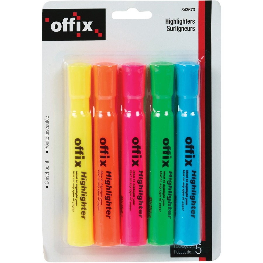 Surligneurs Offix, Pointe biseautée (Pqt 5, jaune, orange, rose, vert, bleu)