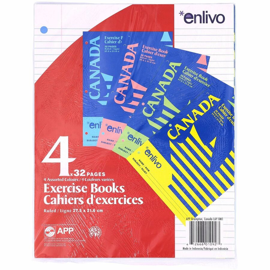Cahiers Canada, Ligné 7 mm. 32 pages (pqt de 4) (bleu, jaune, rose, vert)