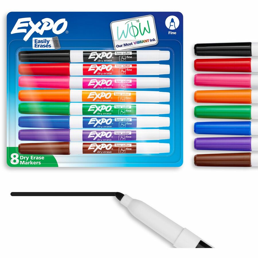Marqueur effaçable à sec pour tableau blanc Expo® à faible odeur Fine. Paquet de 8 coul. ass.