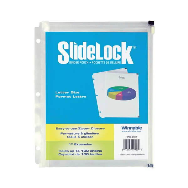 Enveloppe de plastique 3 trous, 9-1/2" X 11-1/2", Fermeture à glissière, avec pochette, Clair