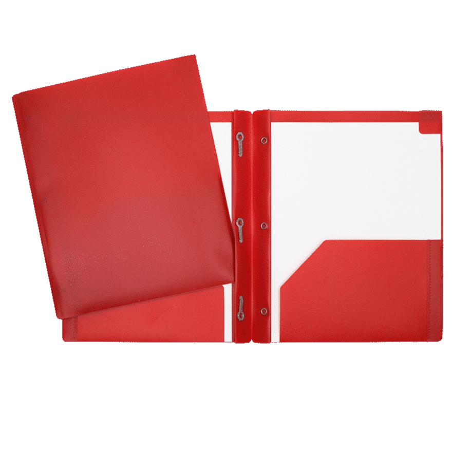Hard Plastic Duo-tang with Fasteners and Pockets, Red