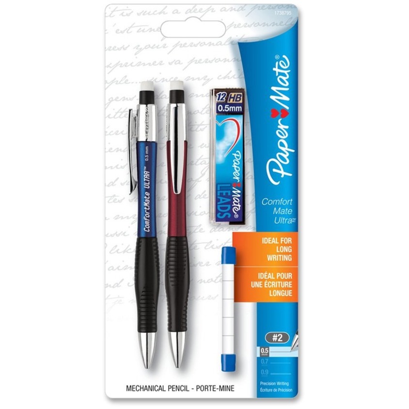 ComfortMate Ultra® Mechanical Pencils, 0,5 mm, Package of 2. Includes 12 HB leads and 5 eraser refills