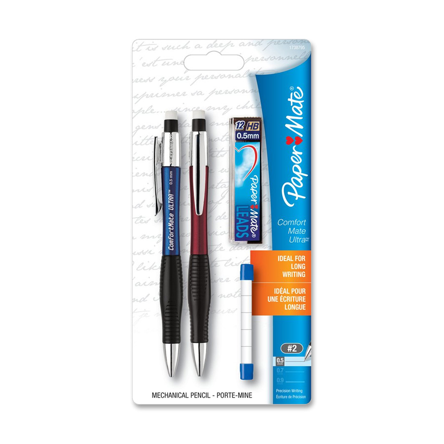 ComfortMate Ultra® Mechanical Pencils, 0,5 mm, Package of 2. Includes 12 HB leads and 5 eraser refills