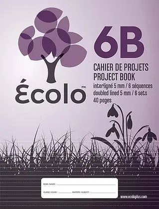Cahier de projet Écolo #6B, Interligné et pointillé au bas, 6 séquences, 3 trous, 40 pages