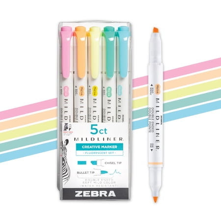 Zebra Mildliner Highlighters, Double ended, 5 Fluorescent Colors (pink, orange, yellow, green, blue)