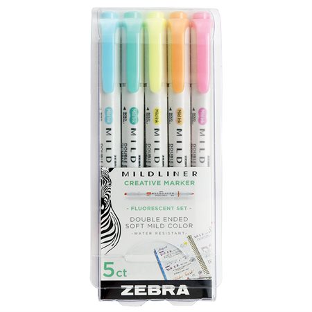 Zebra Mildliner Highlighters, Double ended, 5 Fluorescent Colors (pink, orange, yellow, green, blue)