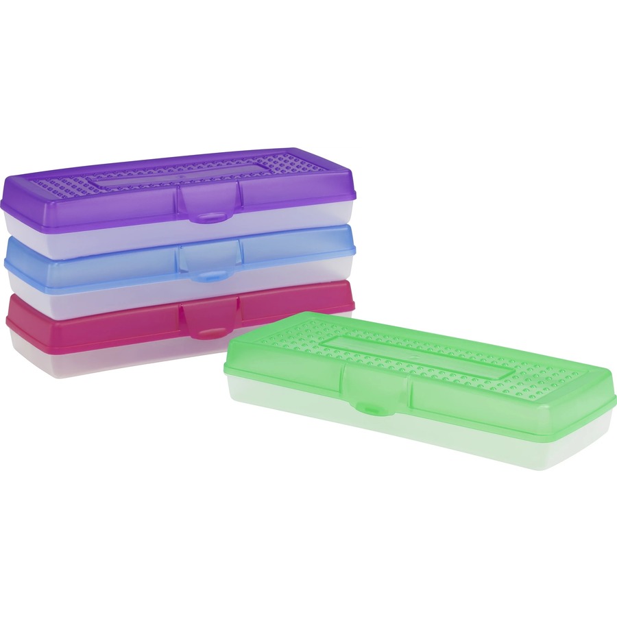 [339424] Boîte à crayons en plastique rigide, Fond transparent, 13,5 x 5,6 x 2,5", coul. ass.