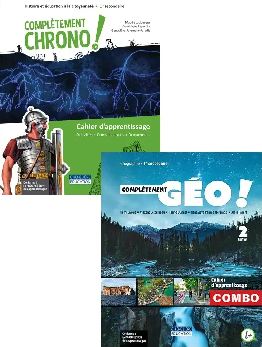 [LV326437] Combo cahiers d'apprentissages (Sec. 1) Complétement Géo! et Complétement Chrono! incluant le fascicule Mes bases en géo + activités int. - 1 an - Versions imprimée et numérique (ISBN: 9998202510506)