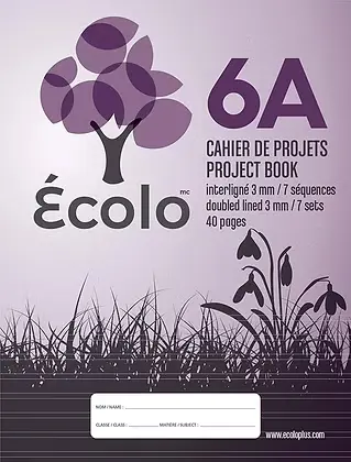 Écolo project notebook #6A, 3mm interlined, 7 sequences, 3 holes, 40 pages