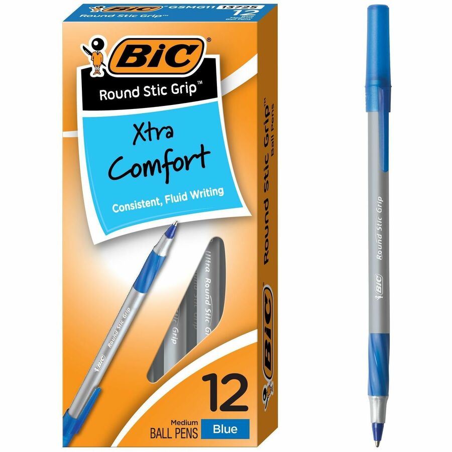 Round Stic™ Grip Ballpoint Pens, Medium, Blue (Box of 12)