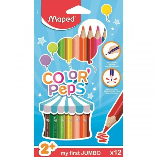 Crayons de couleurs en bois forme Triangulaire Maxi-Jumbo Corlor'Peps Maped (boîte de 12)
