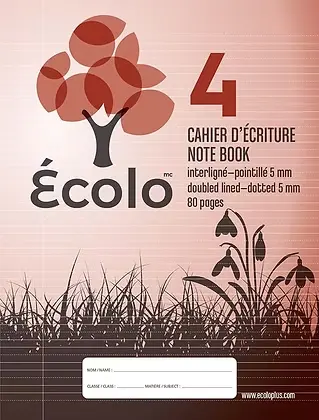 Cahier d'écriture Écolo #4, Interligné et pointillé 5 mm, 3 trous, 80 pages