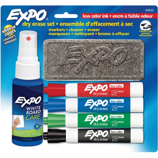 Ens. d'effacement à sec EXPO, Comprend 4 marqueurs à pointe biseautée effaçables à sec, 1 brosse, 1 nettoyant liquide