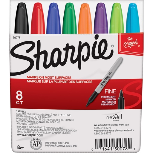 Marqueurs permanents Sharpie, Pointe fine (Boîte de 8)